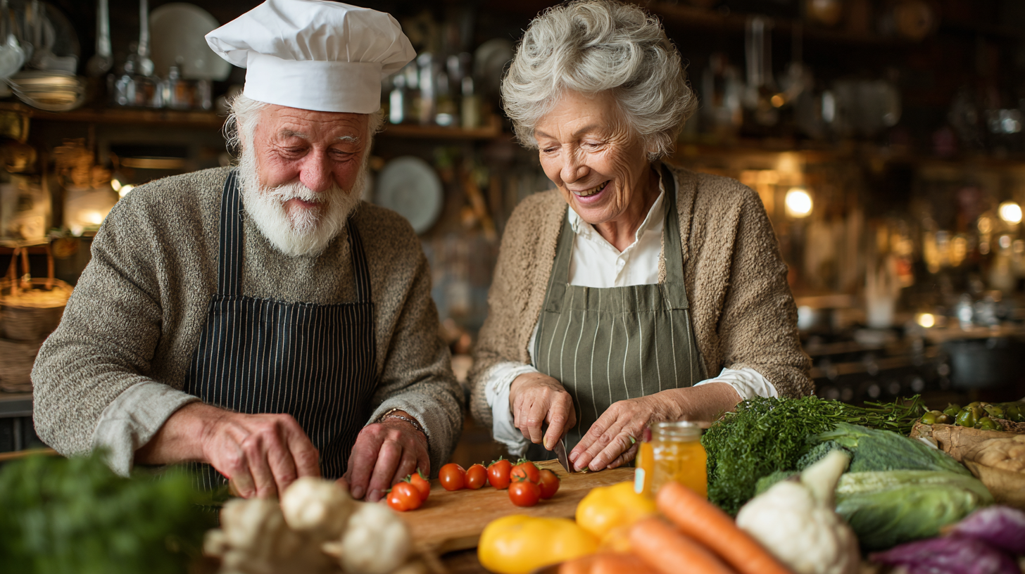 Boldog idős pár egészséges ételekkel